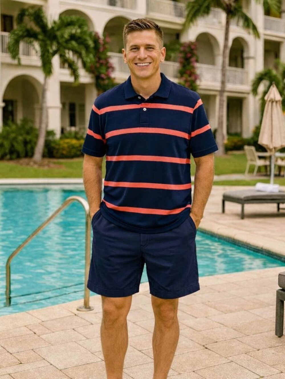 LL Bean Traditional Fit Blue Rose Striped Short Sleeve Y2K Golf Polo Shirt Men L